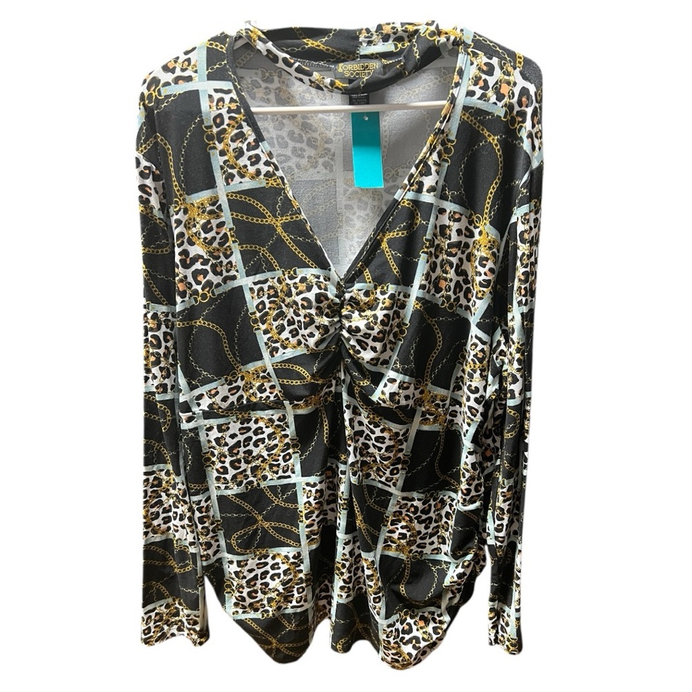 Forbidden Society Shirt Womens 3X Chain Link Print Cutout V Neck Cinched Plus